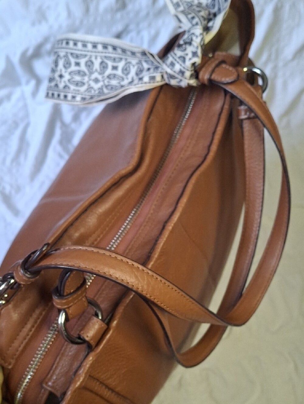 Coach Pebbled Leather Tote in Cognac Brown with Scarf Accent - Picture 4 of 5